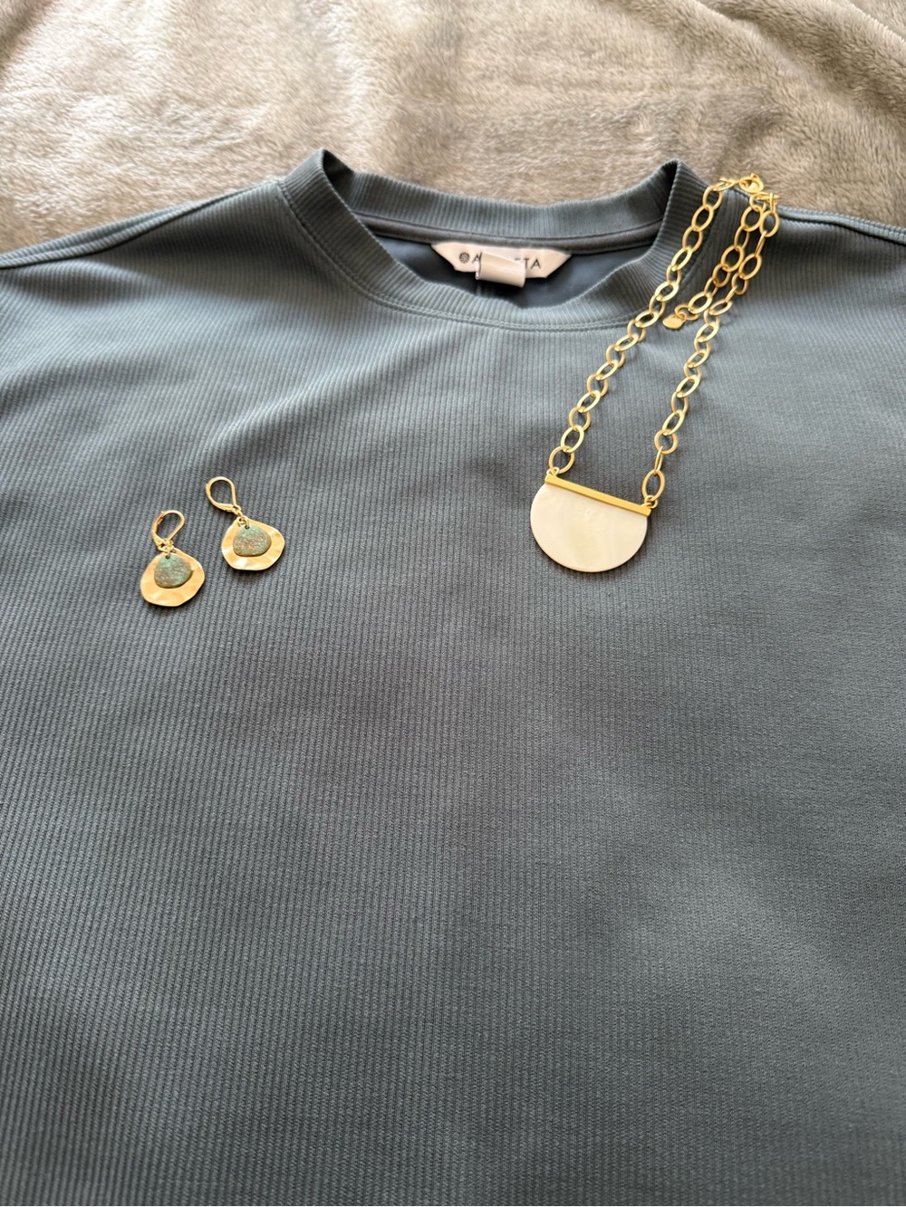 Athleta Slate BlueDress with Gold Pendant Necklace & Earrings Set